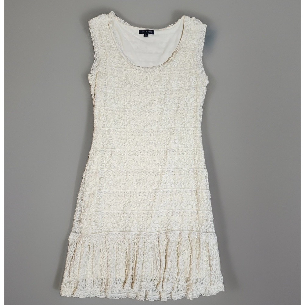 Max Edition Creamy Ivory Lace Dress LG Sleeveless Midi Flapper Ruffles